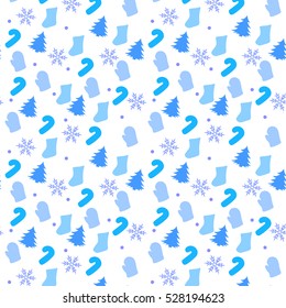 Christmas vector seamless pattern. Colorful flat icons on a light blue background. Wrapping paper. Christmas wreath, sock,mitten candy,tree,snowflake 