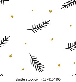 Christmas vector seamless pattern with coniferous branches. Cute hand drawn seamless pattern with fir branches and stars. Great for christmas banners, wallpapers, wrapping, textiles design.