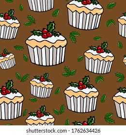 Christmas vector seamless pattern. Cupcakes background. New Year colorful texture  for wrapping, wallpaper, textile, scrapbooking. Hand drawn vector illustration in doodle style.