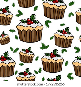 Christmas vector seamless pattern. Cupcakes background. New Year colorful texture  for wrapping, wallpaper, textile, scrapbooking. Hand drawn vector illustration in doodle style.