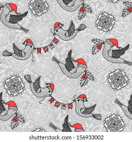 Christmas vector seamless pattern with cute flying birds 