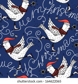 Christmas vector seamless pattern with cute skating birds and ice letters