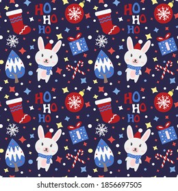 Christmas vector seamless pattern with cute happy cartoon rabbit and holiday decors. Cute rabbit , Christmas socks, Сhristmas tree, gifts and snowflakes. Illustration for wrapping paper