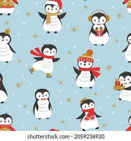 Christmas vector seamless pattern with cute little penguins on blue background. Christmas wrapping paper for children