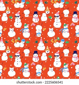 Christmas Vector Seamless Pattern with cute Snowman. Modern hand drawn colorful illustration. Wrapping paper with funny winter characters