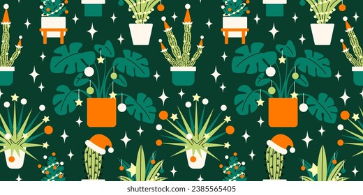 Christmas Vector Seamless Pattern with cute houseplants. Modern hand drawn colorful illustration. Wrapping paper with decorated green indoor palms and cactuses. 