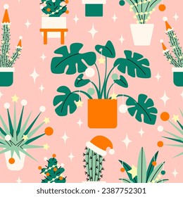 Christmas Vector Seamless Pattern with cute houseplants. Modern hand drawn colorful illustration. Wrapping paper with decorated green indoor palms and cactuses. 