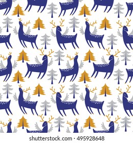 Christmas vector seamless pattern with cute deer and fir trees