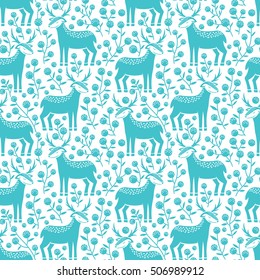 Christmas vector seamless pattern with cute deer and berries