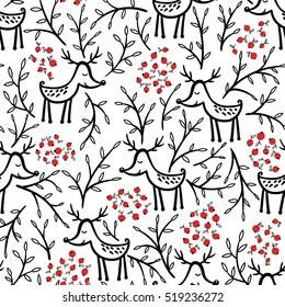 Christmas vector seamless pattern with cute red deer and berries