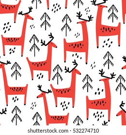 Christmas vector seamless pattern with cute red deer and fir trees