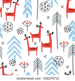 Christmas vector seamless pattern with cute red deer and fir trees