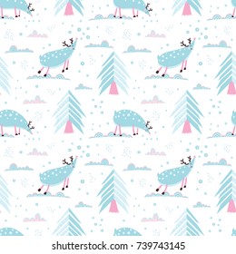 Christmas vector seamless pattern with cute deer and fir trees