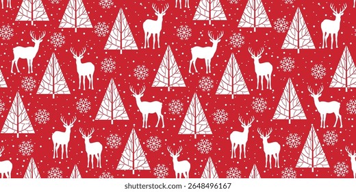 Christmas vector seamless pattern with deer and Christmas trees on red background. Holiday illustration for gift wrapping paper, fabric, clothes, textile, surface textures, scrapbook.