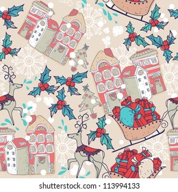 Christmas vector seamless pattern with deers , holly and decorated houses