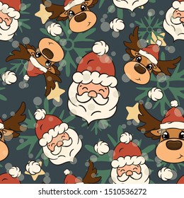 Christmas vector seamless pattern design with stars, Santa’s head and deer in red hat isolated on dark background. Christmas mood. Repeated reindeer print. Merry Christmas Happy New Year design. 