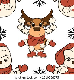 Christmas vector seamless pattern design with reindeer and snowman in red hat isolated on white background. Christmas mood. Repeated print with deer. Merry Christmas Happy New Year design.