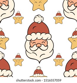 Christmas vector seamless pattern design with Santa’s head and stars isolated on white background. Christmas mood. Repeated Santa Claus print. Merry Christmas Happy New Year design.