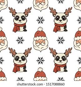 Christmas vector seamless pattern design with Santa Claus and panda with antlers isolated on white background. Xmas mood. Repeated print. Merry Christmas Happy New Year design.