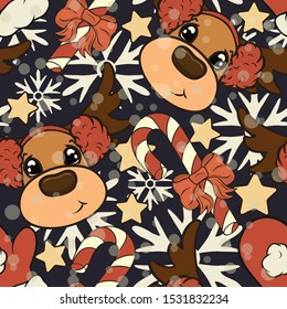 Christmas vector seamless pattern design with reindeer in headphones, mittens and candy canes isolated on dark background. Repeated deer print. Merry Christmas and Happy New Year mood design. 