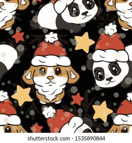 Christmas vector seamless pattern design with Corgi dog and panda bear in Santa’s red hat isolated on dark background. Christmas mood. Repeated reindeer print. Merry Christmas Happy New Year design.