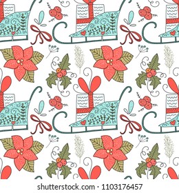 Christmas vector seamless pattern. Detailed holiday illustrations with sleds and poinsettia flowers on a white background.