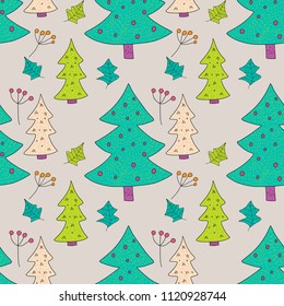 Christmas vector seamless pattern with detailed holiday illustrations with Christmas trees and berries.