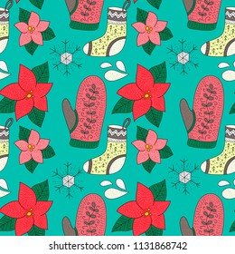 Christmas vector seamless pattern with detailed holiday illustrations with poinsettia flowes and winter clothers.
