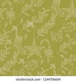 Christmas vector seamless pattern with detailed holiday illustrations. Outline Christmas socks, toys and florar decorations.
