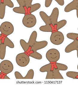 Christmas vector seamless pattern with detailed holiday illustrations with gingerbreads on a white background.