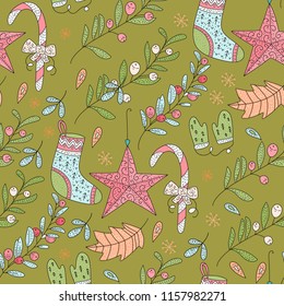 Christmas vector seamless pattern with detailed holiday illustrations. Christmas socks, toys and florar decorations.