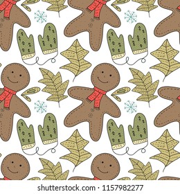 Christmas vector seamless pattern. Detailed holiday illustrations with gingerbreads and gloves on a white backgound.