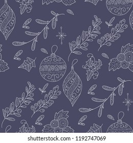 Christmas vector seamless pattern with detailed holiday illustrations. Outline Christmas decorations on a dark background.