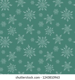 Christmas vector seamless pattern different size white silhouettes of snowflake on a turquoise color background  for bedding, textile, wallpaper, wrapping, cover page, web site, banner.