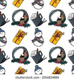 Christmas vector seamless pattern in doodle style. Cute characters, Christmas balls, gift boxes, christmas trees, wreath, candles.