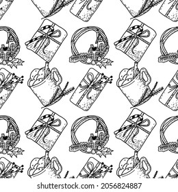 Christmas vector seamless pattern in doodle style. Cute characters, Christmas balls, gift boxes, christmas trees, wreath, candles.