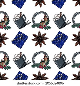 Christmas vector seamless pattern in doodle style. Cute characters, Christmas balls, gift boxes, christmas trees, wreath, candles.