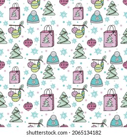 Christmas vector seamless pattern in doodle style. Hand drawn Christmas balls, gift boxes, christmas trees, wreath.