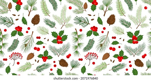 Christmas vector seamless pattern, evergreen plants background, tree, fir, pine and cone, holly berry, leaves branches, holiday winter nature print. Cartoon repeat illustration