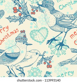 Christmas vector seamless pattern with fantasy birds