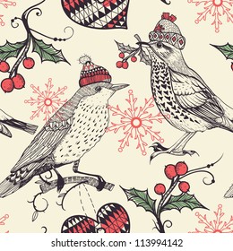 Christmas vector seamless pattern with fantasy birds and holly berries