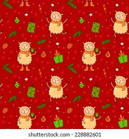 Christmas vector seamless pattern featuring cute lambs, christmas decorations, fir tree branches, snowflakes and gift boxes.