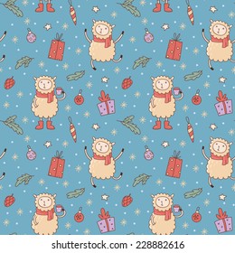 Christmas vector seamless pattern featuring cute lambs, christmas decorations, fir tree branches, snowflakes and gift boxes.