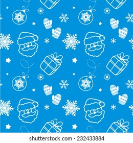 Christmas vector seamless pattern featuring santa head, christmas decorations, snowflakes and gift boxes.