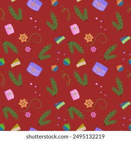 Christmas  vector seamless pattern. Festive background with Christmas tree, cake, gift box, decorations