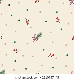 Christmas vector seamless pattern with fir branches and red berries on a light background.