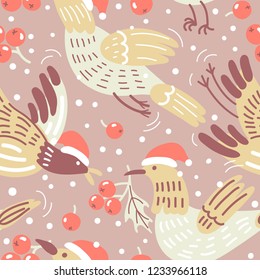 Christmas vector seamless pattern with flying birds and snowflakes