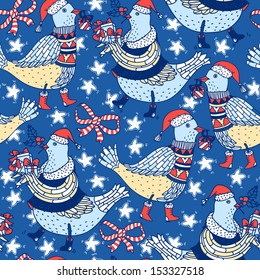  Christmas vector  seamless pattern with funny birds and Christmas gifts