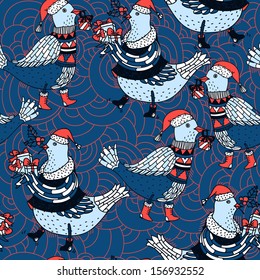 Christmas vector seamless pattern with funny birds and christmas gifts