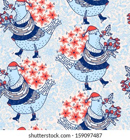 Christmas vector seamless pattern with funny birds and Christmas gifts